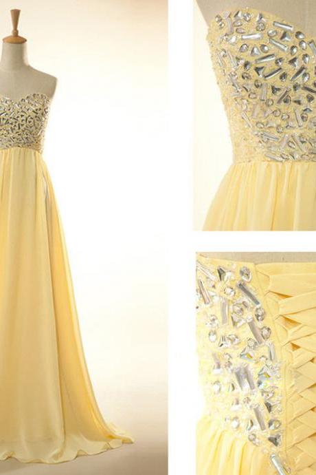 Prom Dress, Long Prom Dress , Yellow Prom Dress , Starpless Prom Dress , Chiffon Prom Dress , A Line Prom Dress , Formal Long Dress , Wedding