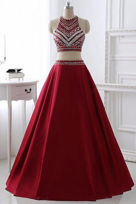 Two Pieces Prom Dress ,Brilliant with Rhinestone Prom Dresses ,2017 Fashion Sashes A-Line Evening Party Prom Dresses Hot Sale