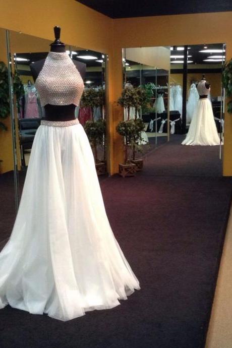 Sleeveless High Neck Handmade Crystal Beads White Prom Dress ,Long For Graduation Chiffon Two Pieces Prom Dresses 