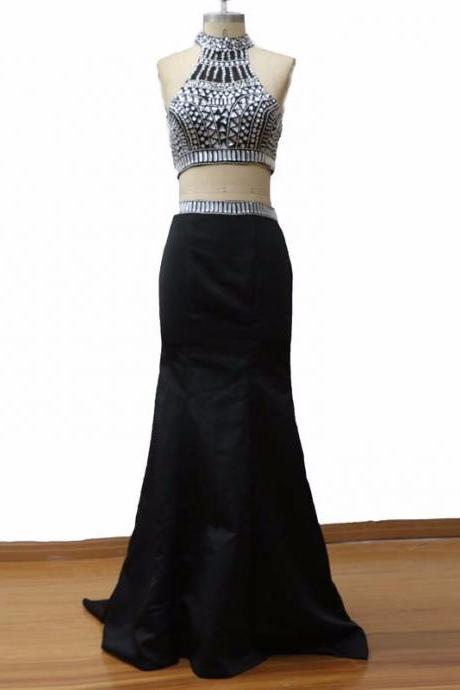  Sexy Crystal Beaded Two Piece Prom Dresses ,Mermaid Halter Backless Evening Party Dress, Real Images High Quality Prom Party Gown