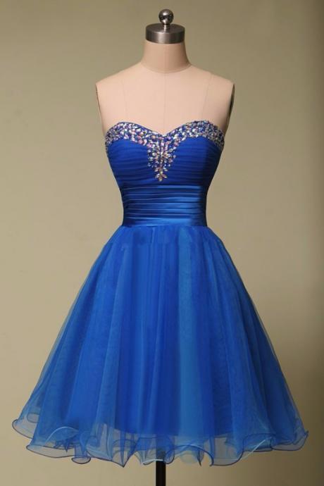  A line Sweetheart Sleeveless Beaded Crystal Royal Blue Evening Party Short Homecoming Dresses
