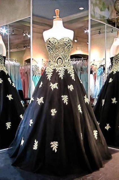 Prom Dresses 2017 Ball Gowns Sweetheart Lace-up Floor Length Sweet 16 Black with Gold Appliques