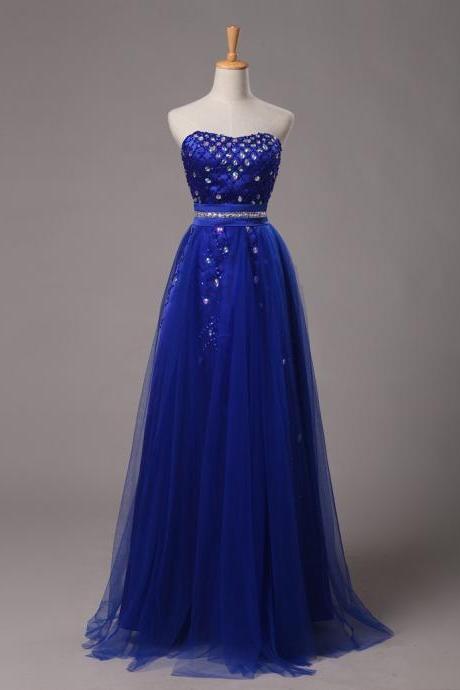 Real Image 2017 Prom Dresses Sweetheart Blue In Stock A-line Off The Shoulder With Piping Exquisite Crystals Floor-length Satin