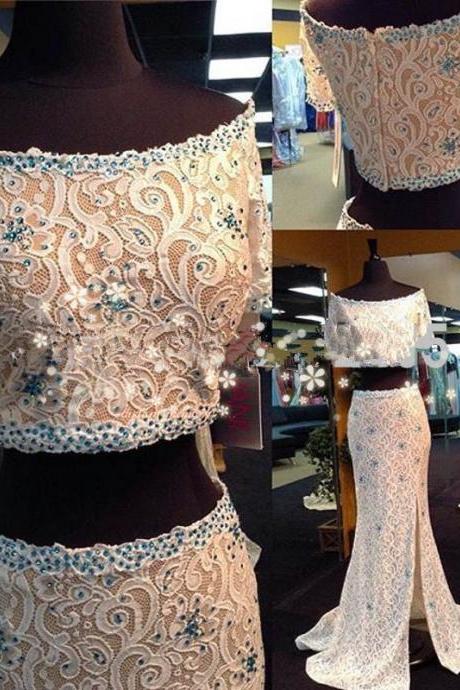 Sexy Mermaid Boat Neck Prom Dresses 2 Piece Real Images Short Sleeve Lace Prom Dress 2017party Gown With Beadings