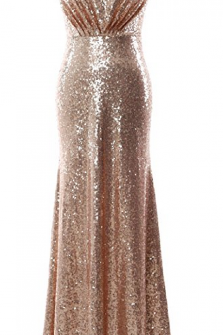 Custom Made Gold Sequin Sleeveless Prom Dress, Long Bridesmaid Dress