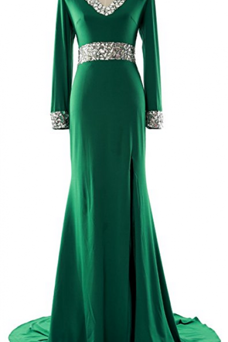 Long Sleeve Mother Of The Bride Dress V Neck Formal Evening Gown
