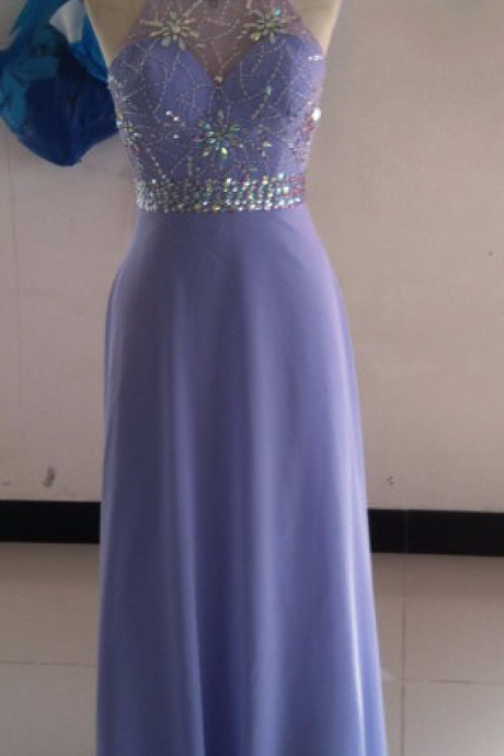 Chiffon A-line Long Prom Dresses , Halter Sparkly Beading Evening Dress Gown