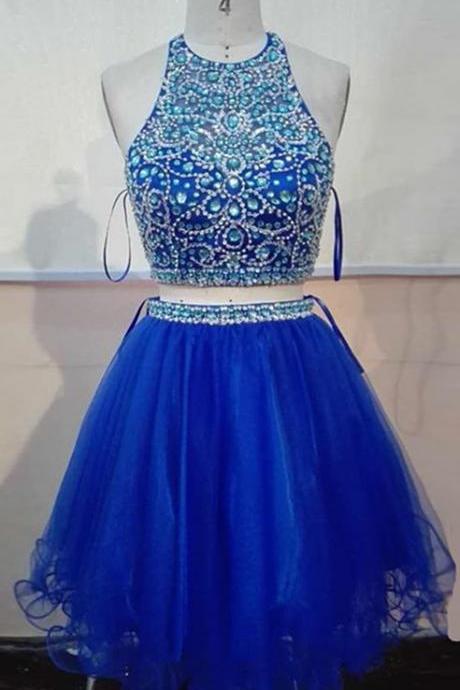 High Quality Halter Homecoming Dresses, Fashion Short Two Pieces Prom Dresses Backless Tulle
