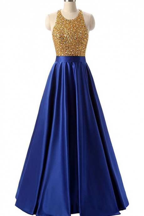 Long Satin Prom Dress With Golden Sparkly Bodice Prom Dresses