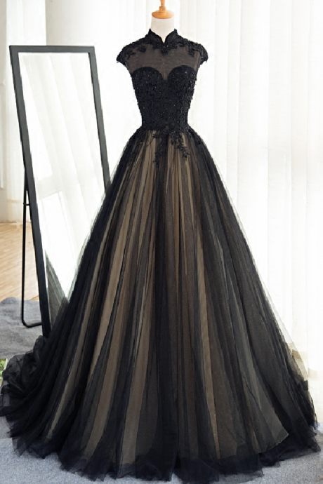 Long Black Tulle Prom Dress,high Neck Banquet Dress,lace Appliques Beads Prom Gowns,custom Made Women Formal Party Dress,court Train Evening