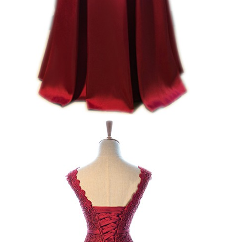 A-line red prom dress with beading belt, lace appliques red long formal dress C983