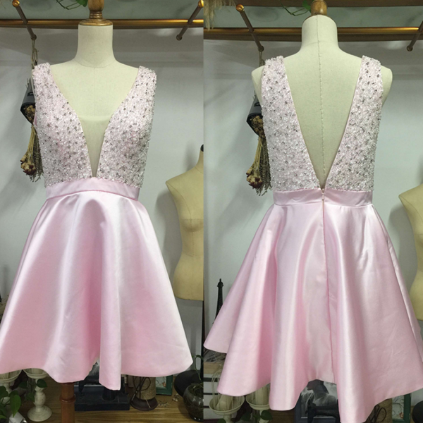Pink Homecoming Dresses,short Homecoming Dress,v-neck Beaded Homecoming ...