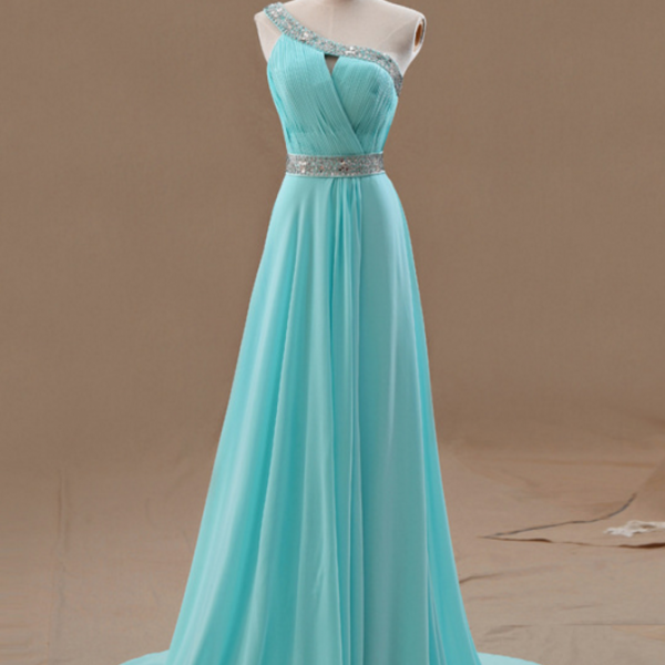 Light Blue One Shoulder Prom Dress with Sliver Appliques and Trumpet