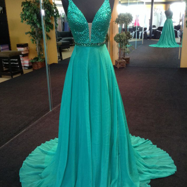 Long Straps Green V-neck Crystal Prom Dress Evening Dresses on Luulla