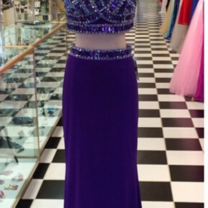2 Pieces Beaded Purple Side Slit Prom Dresses, Sheath Long Prom Dresses, PD0708