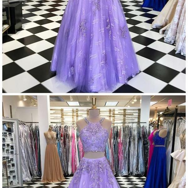 Two Piece Jewel Floor-length Lavender Beaded Prom Dress With Appliques ...