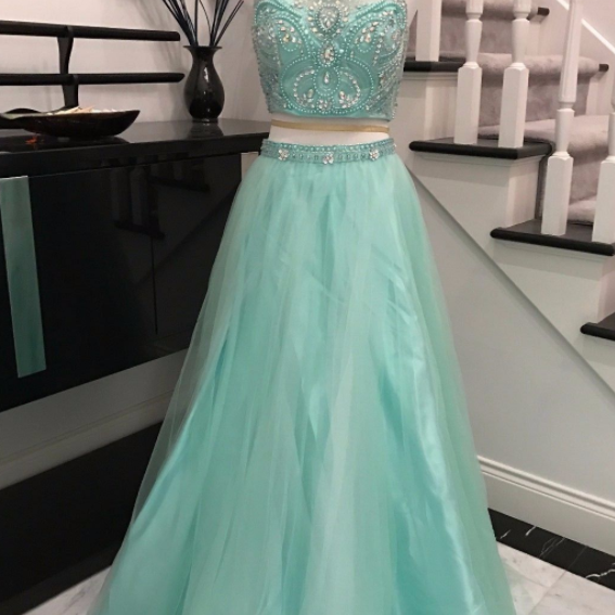 A Line Two Piece Black Tulle Ruffles Beadings Halter Prom Dress LBQ2254 main image 1