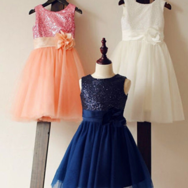 Formal Tea Length Flower Girl Dresses Tulle Sequin Kids Wedding Party ...