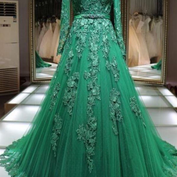 3/4 Sleeves Lace Top Bateau Neck Floor-length Dress Emerald main image 1