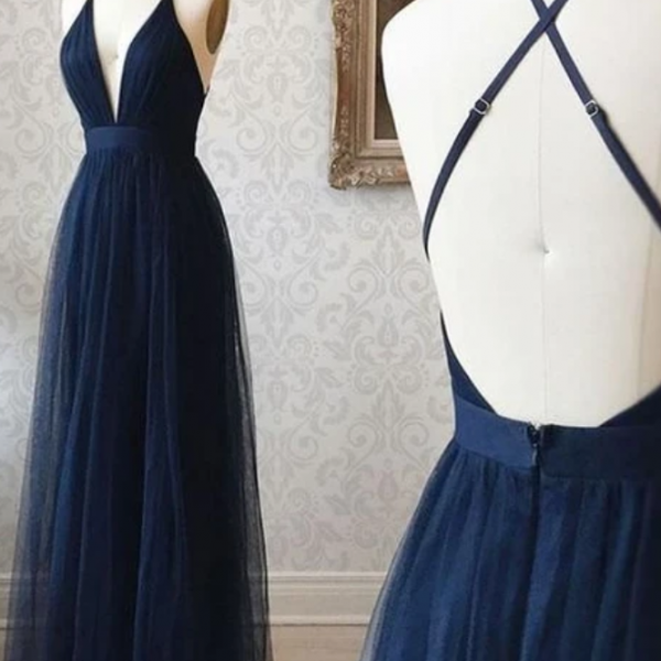 A-line V-neck Lace Appliques Backless Long Navy Blue Prom Dresses, PD0577