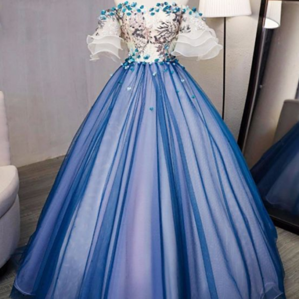 Ball Gown Prom Dresses Royal Blue And Ivory Handmade Flower Prom Dress