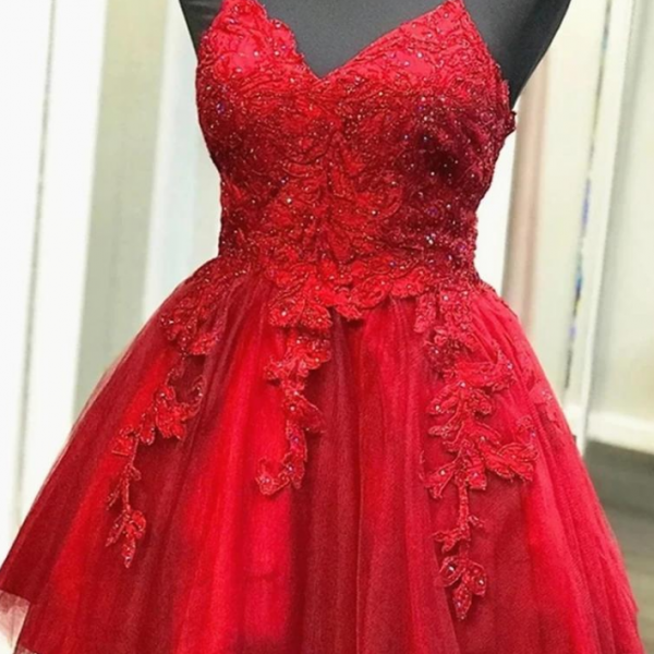 Lace Appliques Homecoming Dresses Spaghetti Straps Beaded Short Prom ...