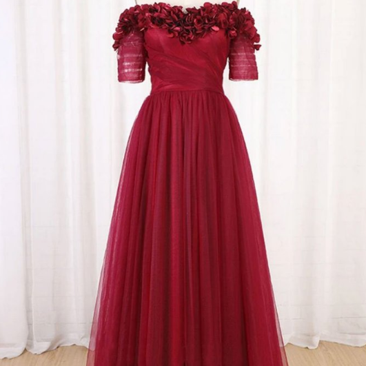 Burgundy Tulle Short Sleeve Formal Dress Sweet 16 Prom Dresses