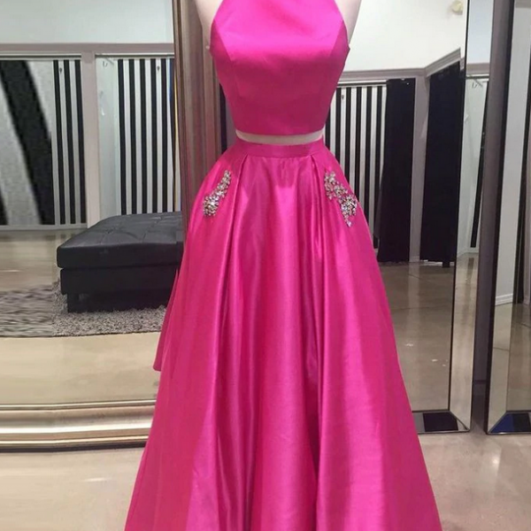 Ink Blue Floor-length Chiffon Halter Sleeveless Prom Dresses