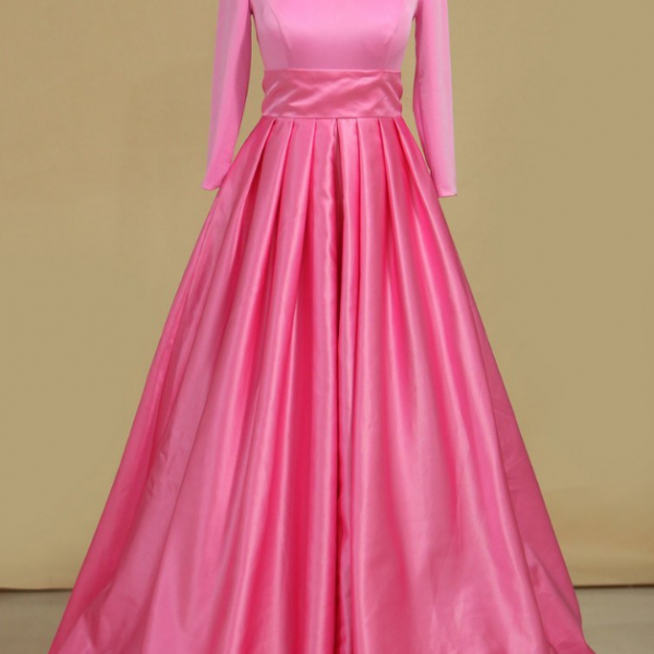 Prom Dresses Scoop Prom Dresses 3/4 Length Sleeves Satin With Beads A Line