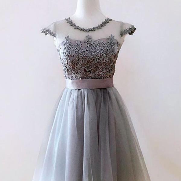 Cute gray tulle short prom dress,gray homecoming dress with sash, Graduation Dress