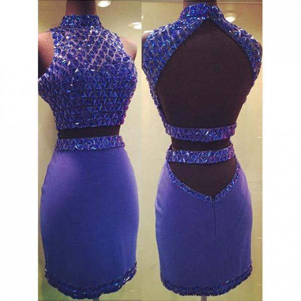 Column High Neck Homecoming Dresses, Satin Short Homecoming Dresses, Crystal Beaded Two Piece Open Back Homecoming Dresses