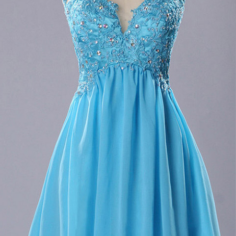 High Neck Prom Dresses with Lace Appliques, Light Blue Chiffon Prom Dresses, Short Tulle Homecoming Dresses