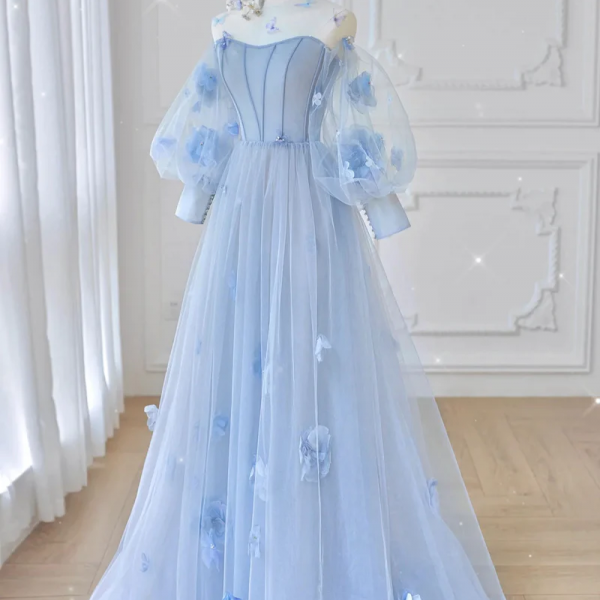 Floral Tulle Long Prom Dress, Beautiful Short Sleeve A-Line Evening Party Dress