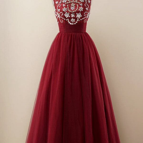 A-Line Sequins Burgundy Tulle Prom Dress Evening dress