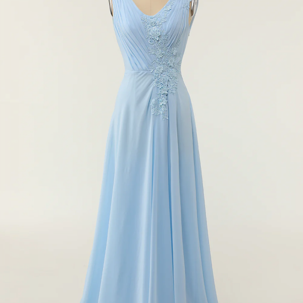 V-neck Blue Bridesmaid Dress with Ruffle