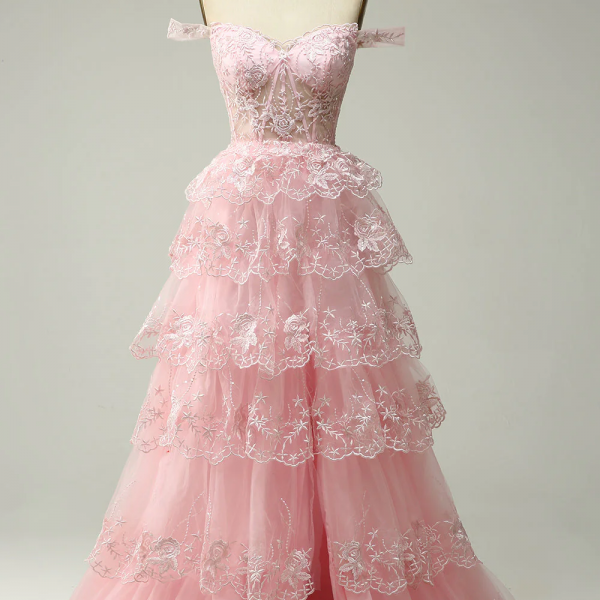 Princess A Line Off the Shoulder Pink Long Prom Dress with Appliques