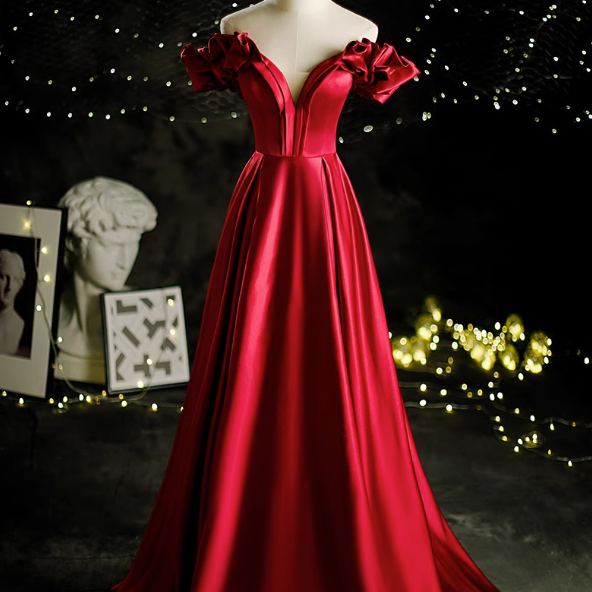 Prom Dresses, Burgundy Satin Strapless Evening Gowns Elegant and Atmospheric