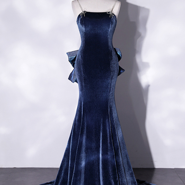 Prom Dresses,Spaghetti Strap Prom Dresses, Blue Evening Dresses Velvet Party Dresses