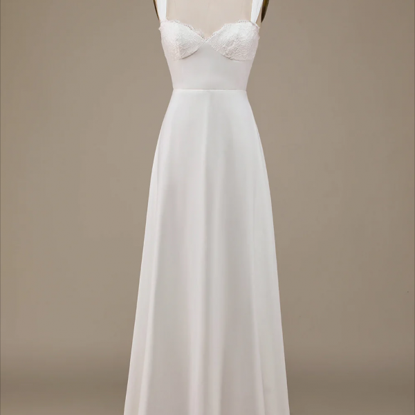 Prom Dress,Ivory Scoop Neck Boho Wedding Dress with Lace
