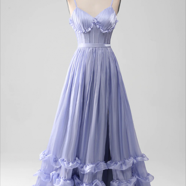 Prom Dress,Lavender Spaghetti Straps A Line Ruffles Prom Dress with Slit
