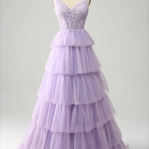 Prom Dress,Lilac Tulle Tiered Princess Corset Prom Dress with Appliques