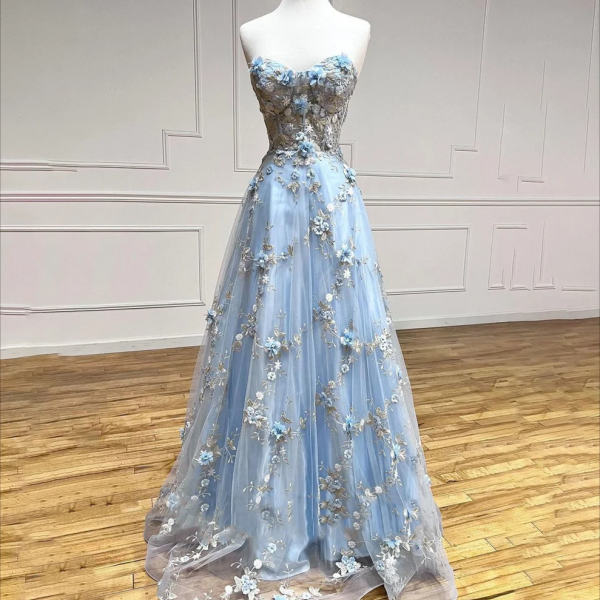 Prom Dress,Blue Elegant Sexy Wedding Party Dress A-Line Strapless Celebrity Dress Appliques Lace Special Occasion Dress