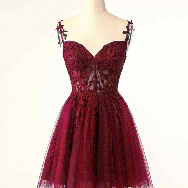 Homecoming Dresses,Burgundy A-Line Tulle Lace Short Prom Dress, Cute Burgundy Homecoming Dress