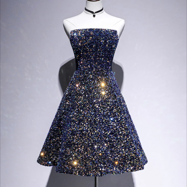 Homecoming Dresses,Dark Blue A-Line Sequin Lace Short Prom Dress, Blue Homecoming Dress
