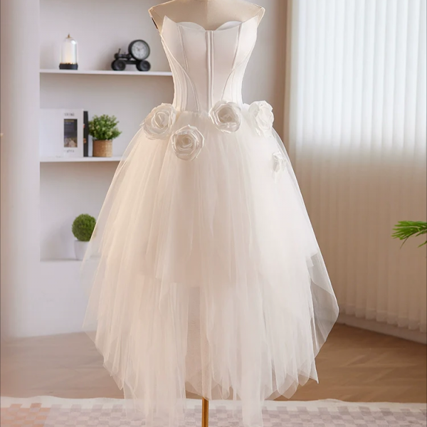 Homecoming Dresses,Unique White Tulle Satin Short Prom Dress, White Homecoming Dress