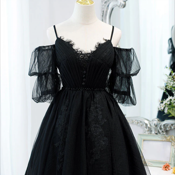 Homecoming Dresses,Black A line V Neck Lace ShortMini Prom Dress, Black Puffy Homecoming Dresses