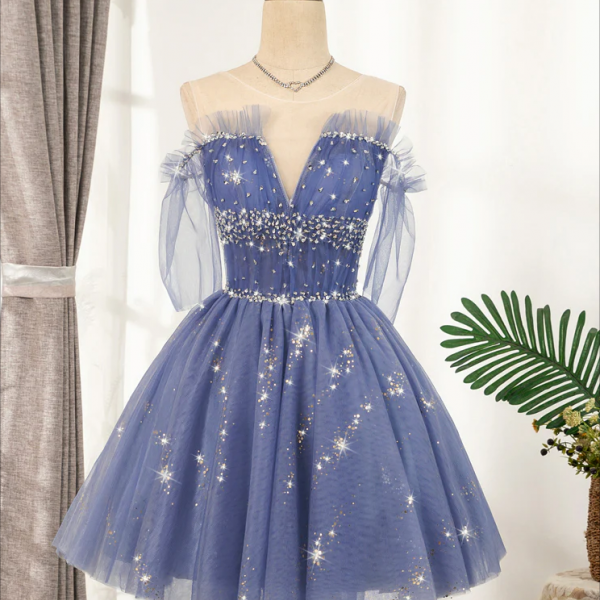 Homecoming Dresses,Blue Tulle Sequin Short Prom Dress, Puffy Blue Homecoming Dress