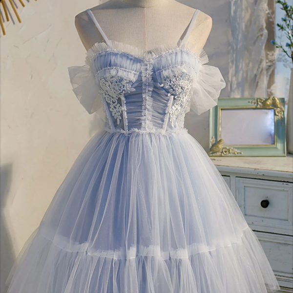 Homecoming Dresses,Blue sweetheart neck tulle lace short prom dress blue puffy homecoming dress