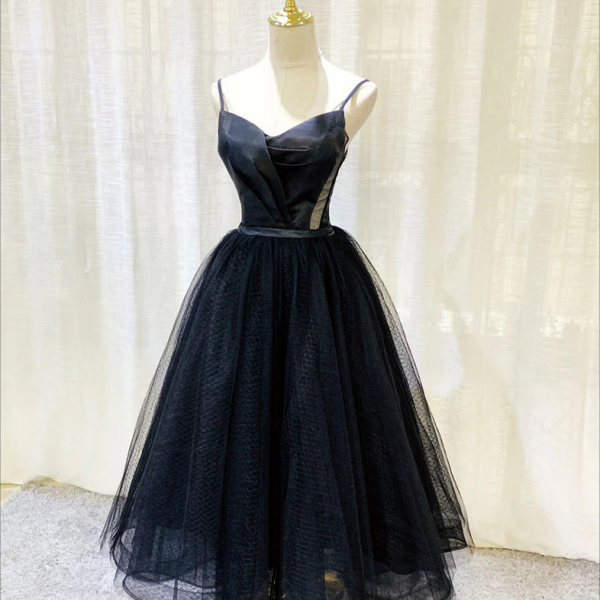 Homecoming Dresses,Simple Tulle Tea Length Black Prom Dress, Black Homecoming Dress