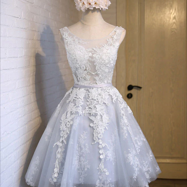 Homecoming Dresses,Gray Tulle Lace Applique Short Prom Dress, Gray Homecoming Dresses